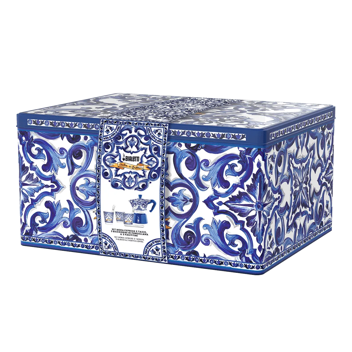 Bialetti Dolce & Gabbana 3-cup Moka Express Blu Mediterraneo, 3 porcelain cups and 3 silver stirrers