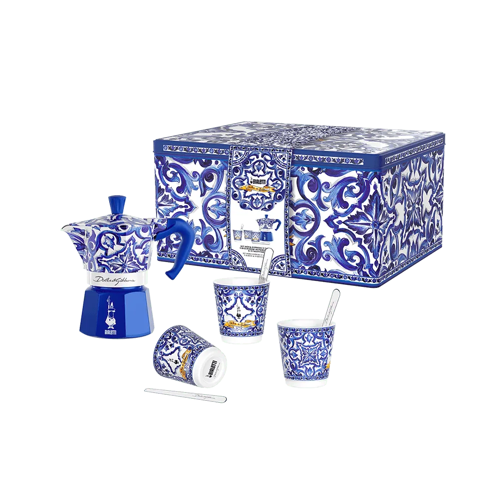 Bialetti Dolce & Gabbana 3-cup Moka Express Blu Mediterraneo, 3 porcelain cups and 3 silver stirrers