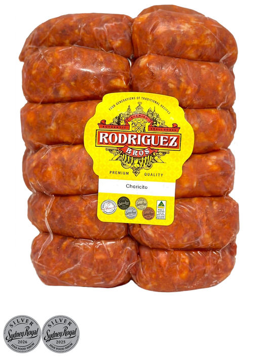 Fresh Spanish Choricito Mini Chorizo 24 piece pack approx. 840g packet. Regular price $16.00. [You are guaranteed to receive at least 800g of product, equivalent price of $20.00 per kg.]