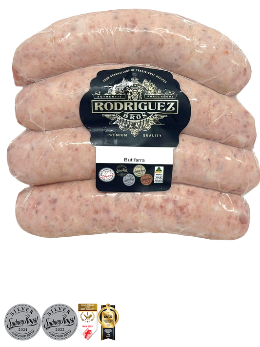 Butifarra Buttery Chorizo 4 piece pack random weight approx 480g packet. Regular price $10.00 AUD [You are guaranteed to receive at least 460g of product, equivalent price of $21.74 per kg.]