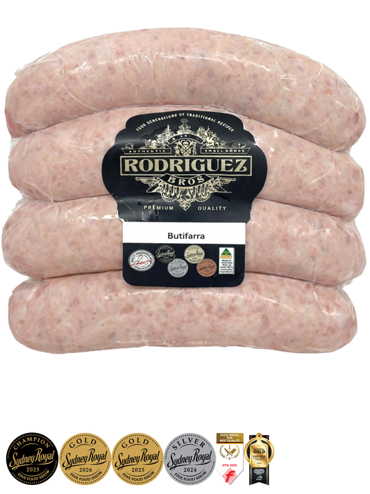 Butifarra Buttery Chorizo 4 piece pack random weight approx 380g packet. Regular price $10.00 AUD [You are guaranteed to receive at least 370g of product, equivalent price of $27.02 per kg.]