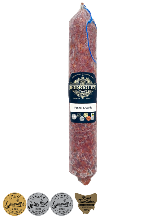 Fennel and Garlic Salchichon Whole Salami Approx 400g random weight packet. Regular price $15.00 AUD (You are guaranteed to receive at least 385g of product, equivalent price of $38.96 per kg.)