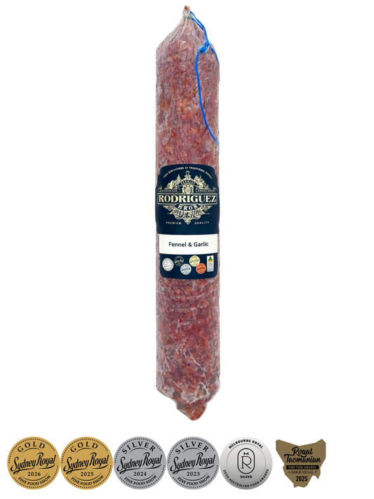Fennel and Garlic Salchichon Whole Salami Approx 400g random weight packet. Regular price $15.00 AUD (You are guaranteed to receive at least 385g of product, equivalent price of $38.96 per kg.)