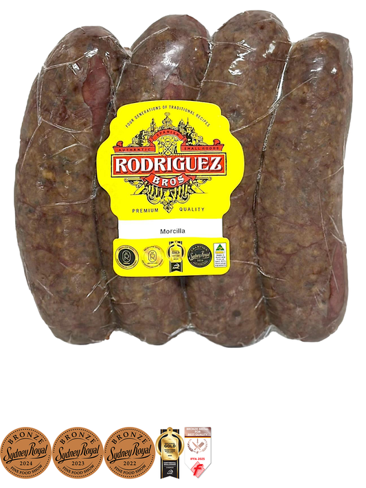 Spanish Morcilla Black Pudding (Onion) 4 piece pack random weight approx 400g packet. Regular price $10.00 AUD [You are guaranteed to receive at least 390g of product, equivalent price of $25.64 per kg.]