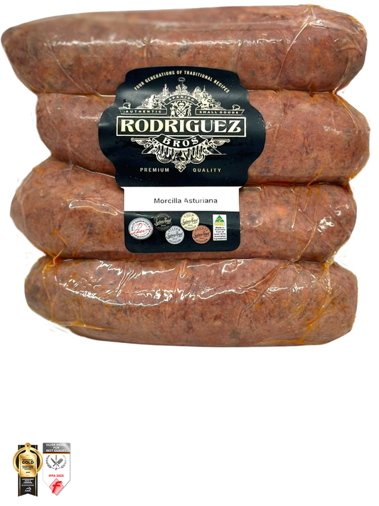Spanish Morcilla Asturiana Black Pudding (Onion) 4 piece pack 4 piece pack random weight approx 385g packet. Regular price $10.00 AUD [You are guaranteed to receive at least 370g of product, equivalent price of $27.03 per kg.]