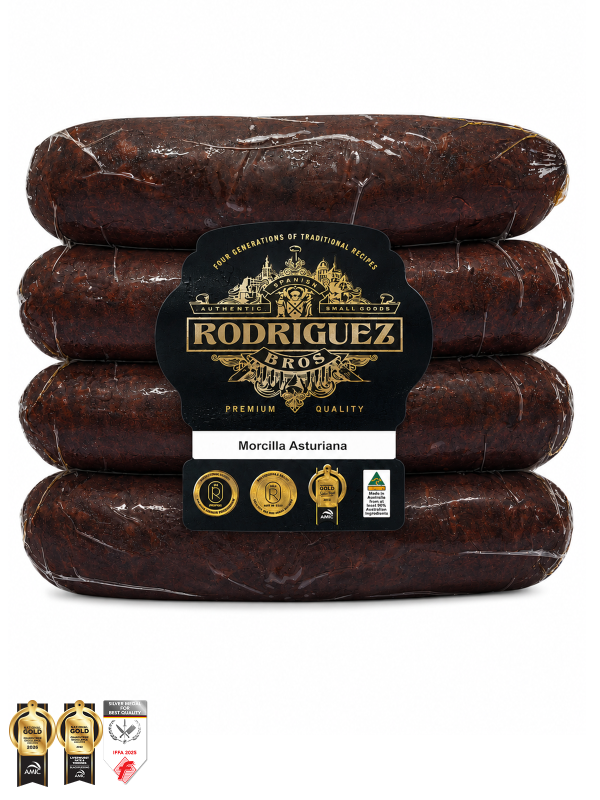 Spanish Morcilla Asturiana Black Pudding (Onion) 4 piece pack 4 piece pack random weight approx 385g packet. Regular price $10.00 AUD [You are guaranteed to receive at least 370g of product, equivalent price of $27.03 per kg.]