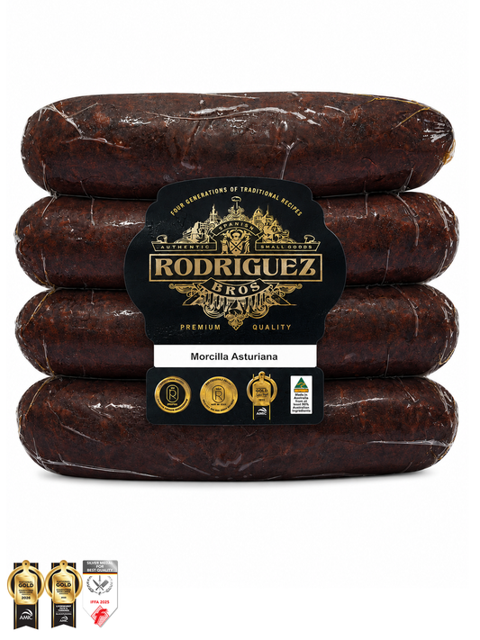 Spanish Morcilla Asturiana Black Pudding (Onion) 4 piece pack 4 piece pack random weight approx 385g packet. Regular price $10.00 AUD [You are guaranteed to receive at least 370g of product, equivalent price of $27.03 per kg.]
