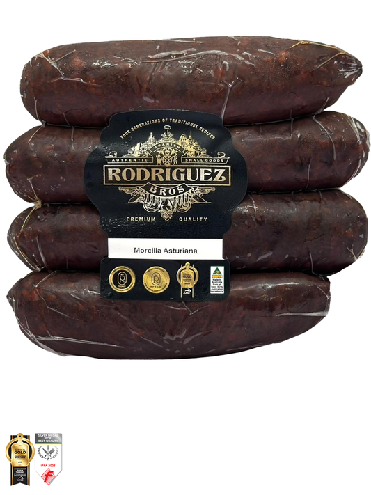 Spanish Morcilla Asturiana Black Pudding (Onion) 4 piece pack 4 piece pack random weight approx 385g packet. Regular price $10.00 AUD [You are guaranteed to receive at least 370g of product, equivalent price of $27.03 per kg.]