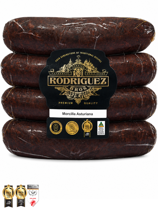 Spanish Morcilla Asturiana Black Pudding (Onion) 4 piece pack 4 piece pack random weight approx 385g packet. Regular price $10.00 AUD [You are guaranteed to receive at least 370g of product, equivalent price of $27.03 per kg.]