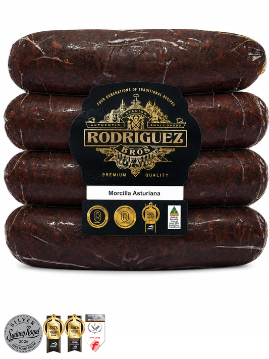 Spanish Morcilla Asturiana Black Pudding (Air Dried) 4 piece pack 4 piece pack random weight approx 385g packet. Regular price $10.00 AUD [You are guaranteed to receive at least 370g of product, equivalent price of $27.03 per kg.]