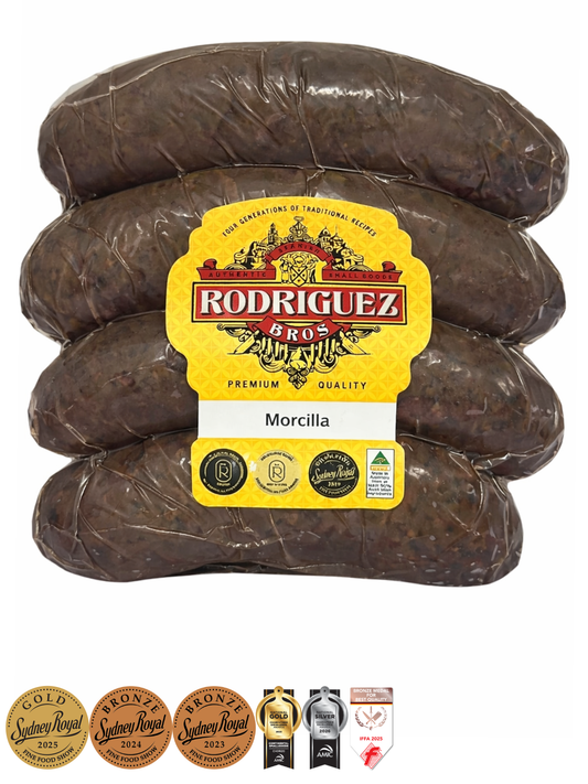 Spanish Morcilla Black Pudding (Onion) 4 piece pack random weight approx 400g packet. Regular price $10.00 AUD [You are guaranteed to receive at least 390g of product, equivalent price of $25.64 per kg.]