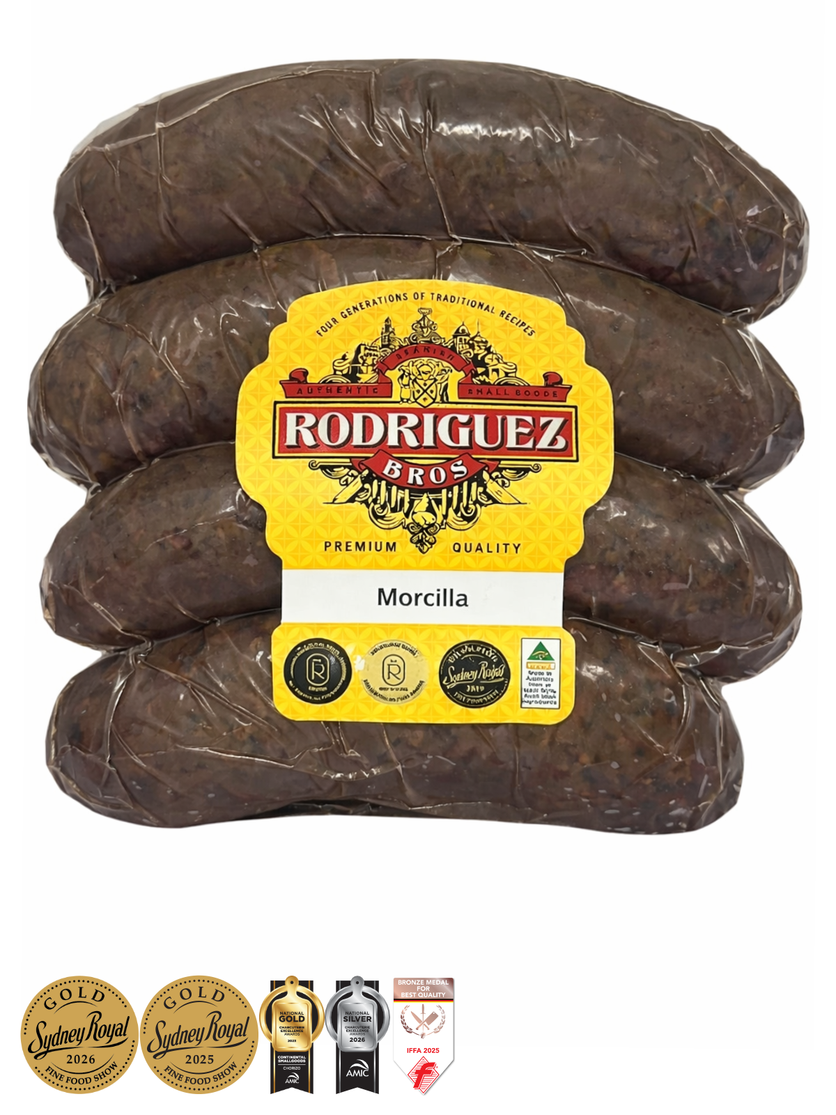 Spanish Morcilla Black Pudding (Onion) 4 piece pack random weight approx 400g packet. Regular price $10.00 AUD [You are guaranteed to receive at least 390g of product, equivalent price of $25.64 per kg.]
