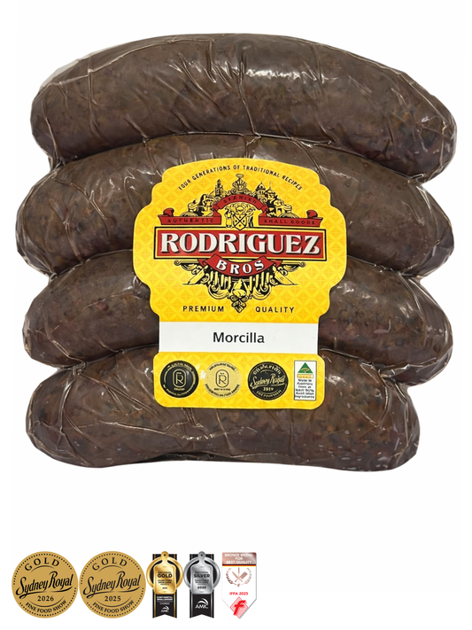 Spanish Morcilla Black Pudding (Onion) 4 piece pack random weight approx 400g packet. Regular price $10.00 AUD [You are guaranteed to receive at least 390g of product, equivalent price of $25.64 per kg.]