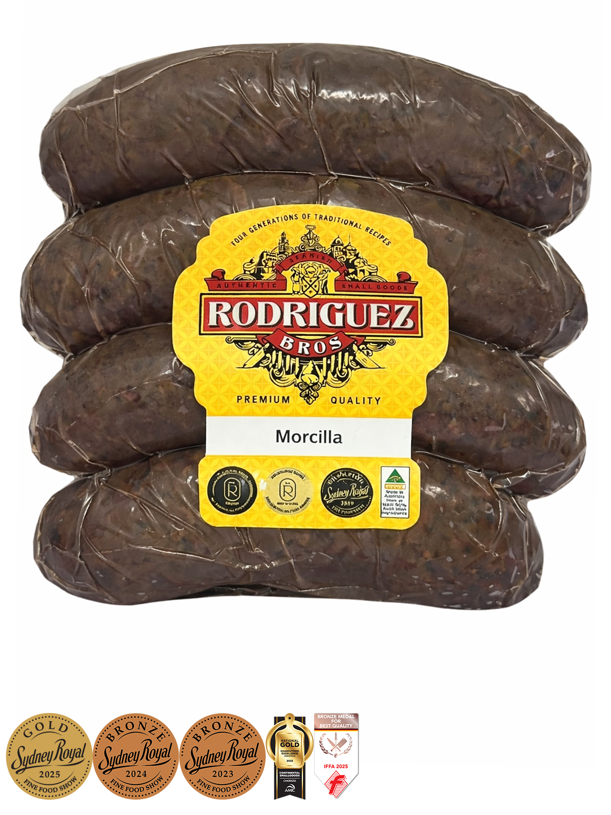 Spanish Morcilla Black Pudding (Onion) 4 piece pack random weight approx 400g packet. Regular price $10.00 AUD [You are guaranteed to receive at least 390g of product, equivalent price of $25.64 per kg.]