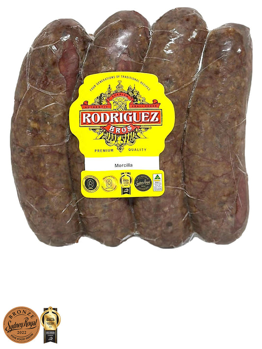 Spanish Morcilla Black Pudding (Onion) 4 piece pack random weight approx 400g packet. Regular price $10.00 AUD [You are guaranteed to receive at least 390g of product, equivalent price of $25.64 per kg.]