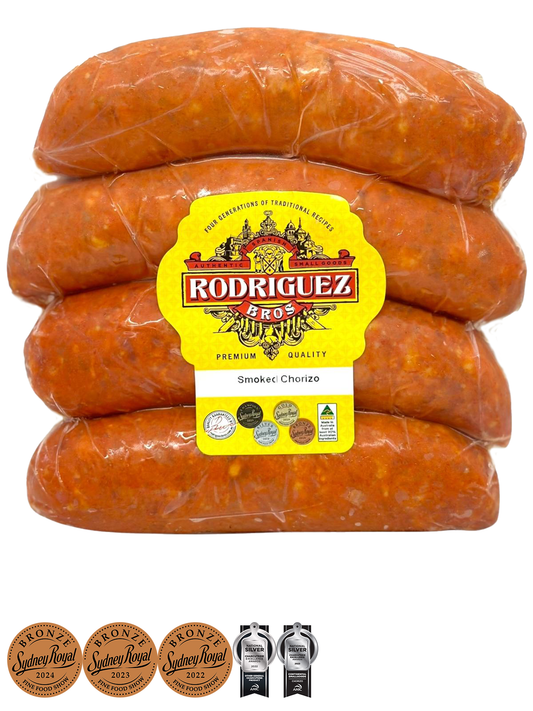 Smoked Chorizo 4 piece pack random weight approx 400g packet. Regular price $10.00 AUD [You are guaranteed to receive at least 390g of product, equivalent price of $25.64 per kg.]