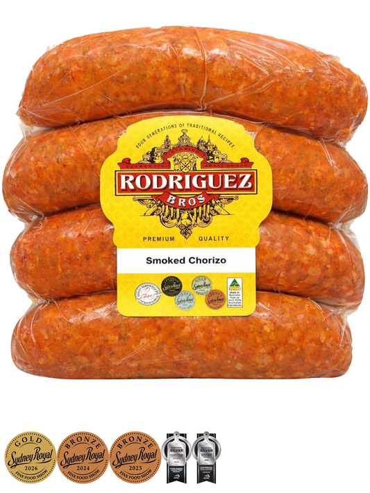 Smoked Chorizo 4 piece pack random weight approx 400g packet. Regular price $10.00 AUD [You are guaranteed to receive at least 390g of product, equivalent price of $25.64 per kg.]