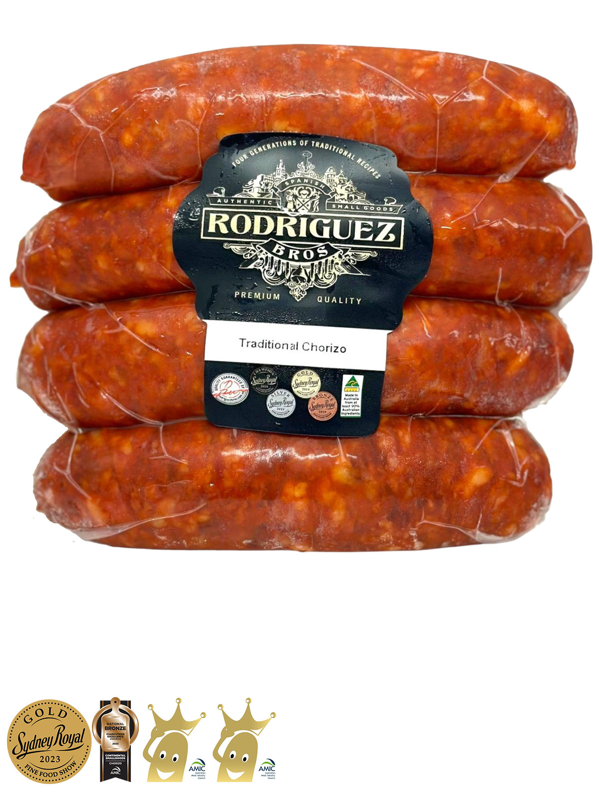 Artisan Traditional Chorizo 4 piece pack random weight approx 400g packet. Regular price $11.00 AUD [You are guaranteed to receive at least 390g of product, equivalent price of $28.21 per kg.]