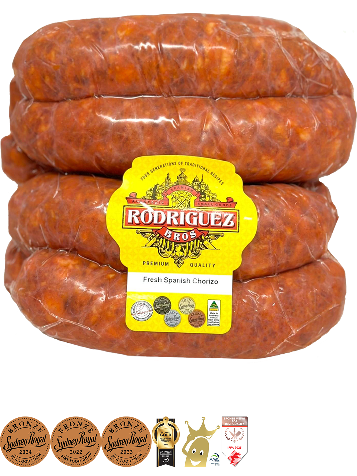 Fresh Spanish Chorizo Random weight approx. 1kg packet 8 pieces regular price $18.00 AUD. You are guaranteed to receive at least 950g of product, equivalent price of $18.95 per kg.
