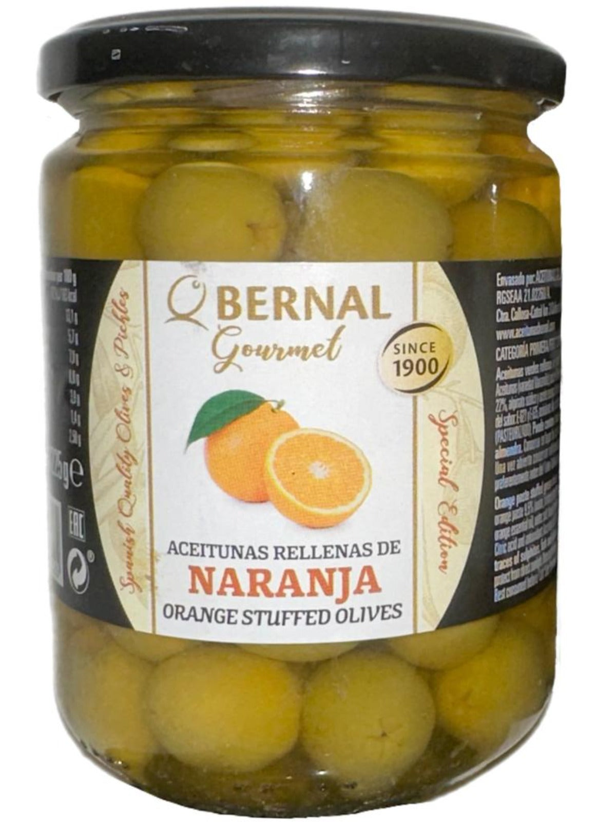 Bernal Gourmet Aceitunas Rellenas de Naranja Orange Stuffed Olives 436g