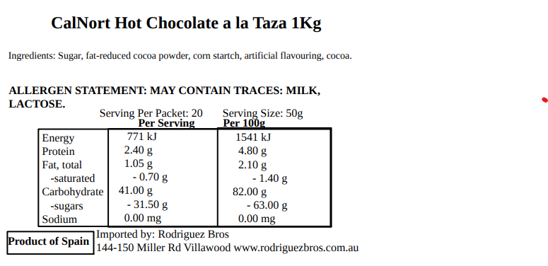 Calnort A La Taza Spanish Drinking Chocolate for Churros 1kg