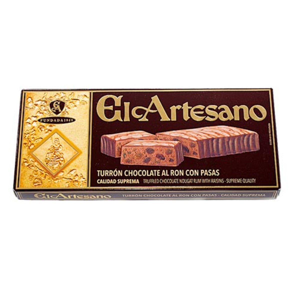 El Artesano Turron Chocolate al Ron con Pasas Spanish Rum and Raisin Chocolate Nougat 200g