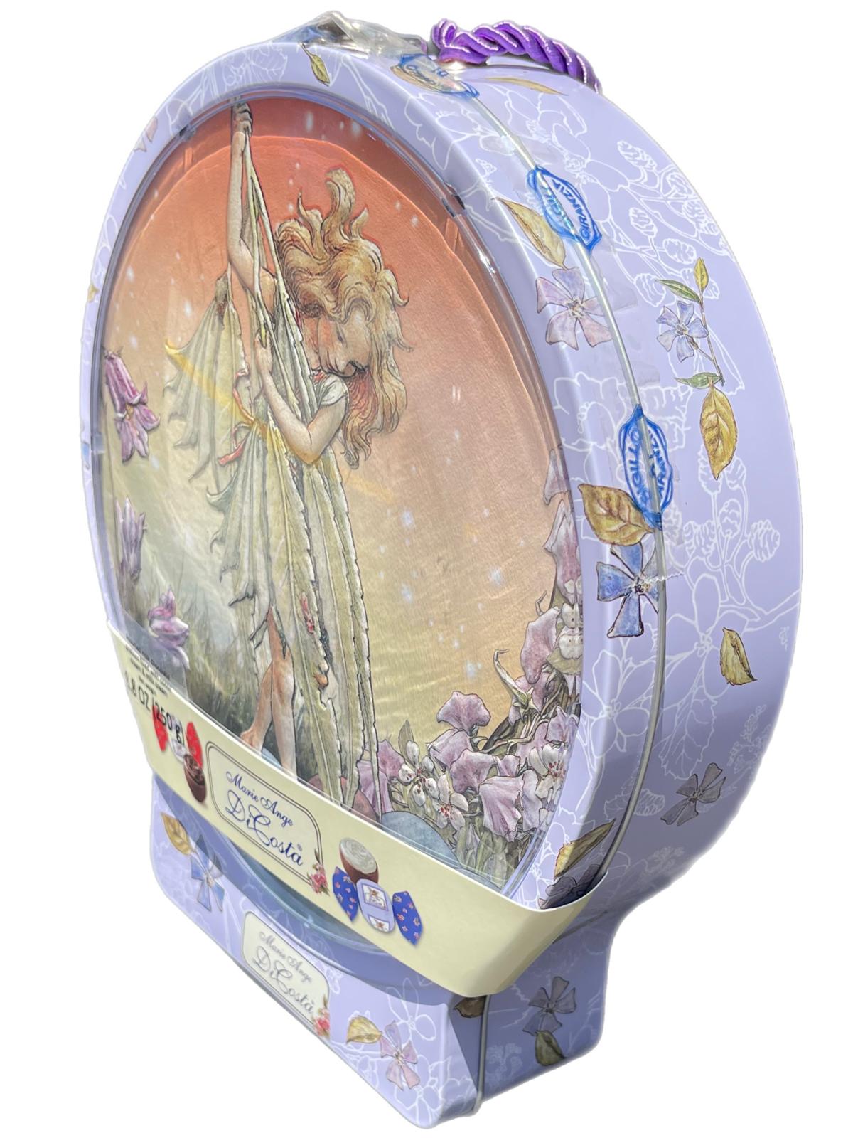 Marie Ange di Costa Italian Flower Fairy Circular Tin in Violet with Praline Chocolates 250g