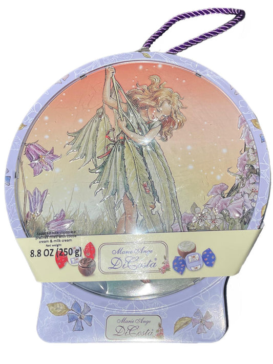 Marie Ange di Costa Italian Flower Fairy Circular Tin in Violet with Praline Chocolates 250g Best Before End of March 2024