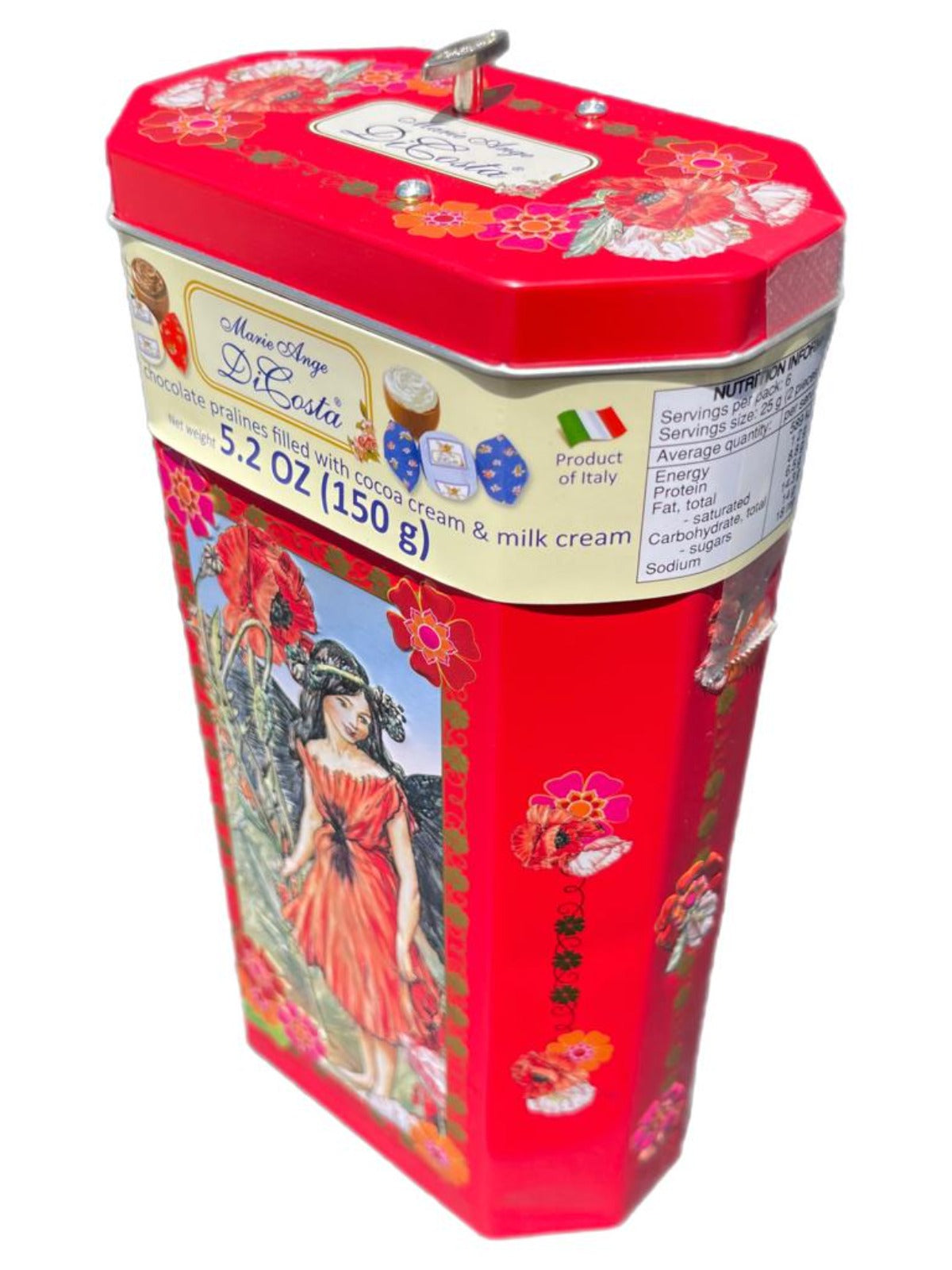 Marie Ange di Costa Italian Music Box Tin with Praline Chocolate-Octagonal in Scarlet 140g