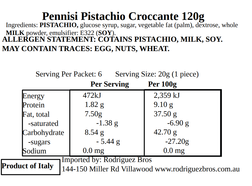Pennisi Croccante Al Pistacchio Italian Pistacchio Brittle 2 Pack 120g x2