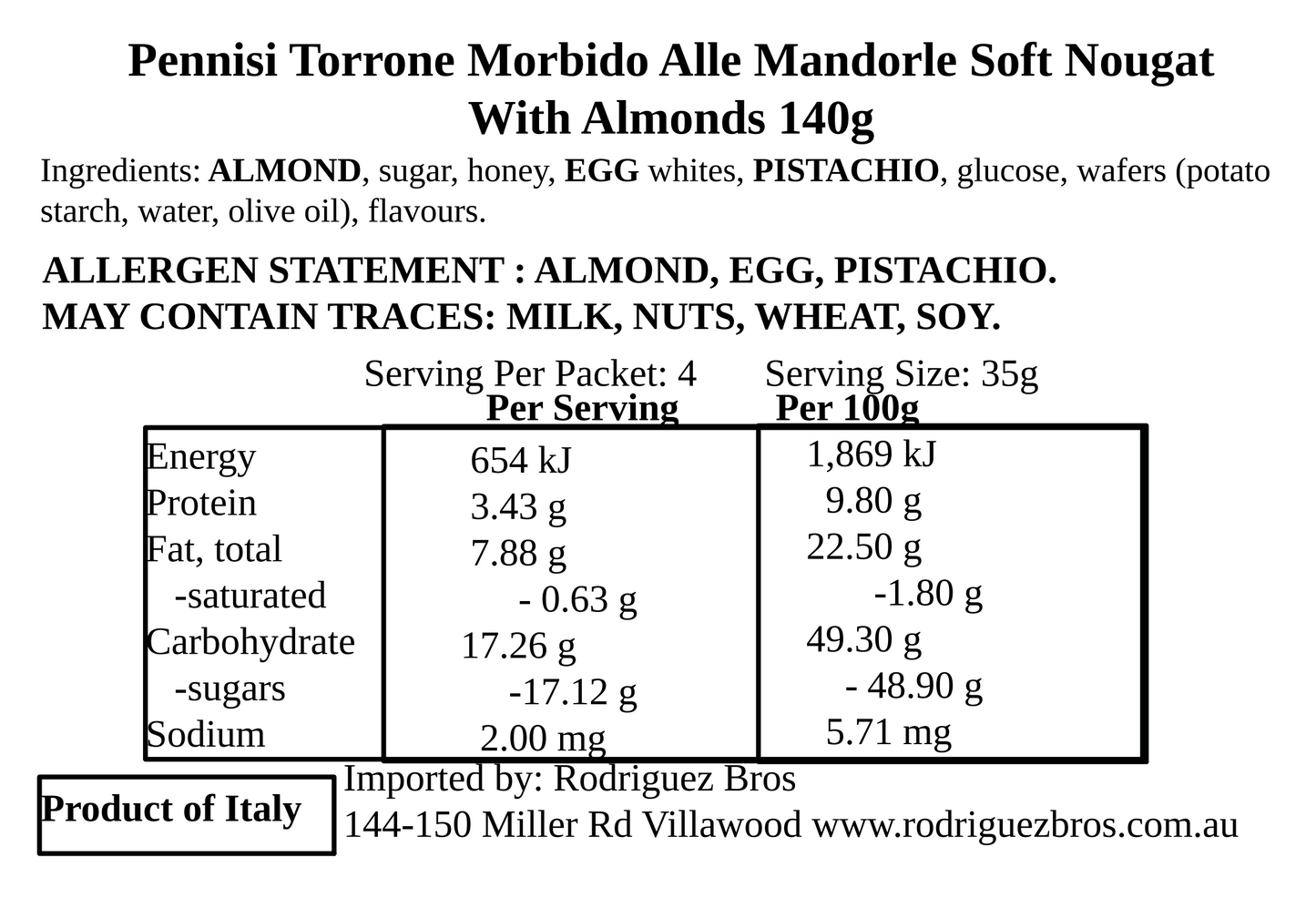 Pennisi Torrone Morbido Alle Mandorle Soft Nougat With Almonds 2 Pack 140g x2