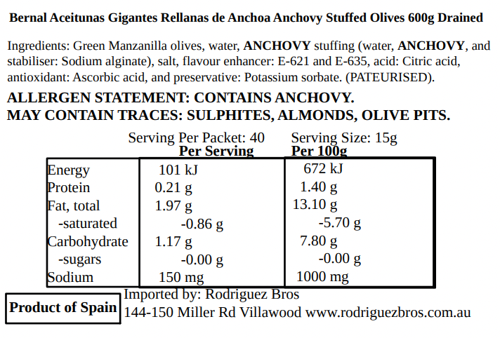 Bernal Aceitunas Gigantes Rellenas de Anchoa Anchovy Stuffed Giant Olives 1440g
