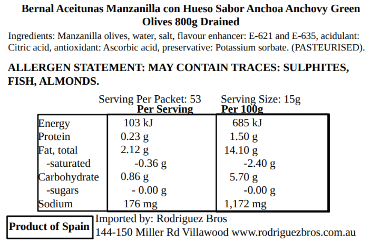 Bernal Aceitunas Manzanilla con Hueso Sabor Anchoa - Anchovy Flavour Whole Green Olives 1440g